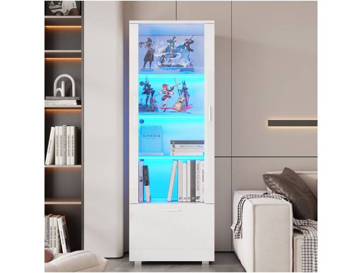 Vitrine Blanche Brillante Avec LED Armoire De Présentation FloraGrace Pour Salon Ou Bureau Avec Tiroir Caché 50x40x160cm