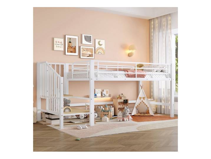OKWISH Hochbett Kinderhochbett mit Stauraumtreppe & Metallrahmen (Platzsparendes Kinderbett für Spiel- und Schlafbereich, 1-St., 90x200cm) mit Stauraumtreppe