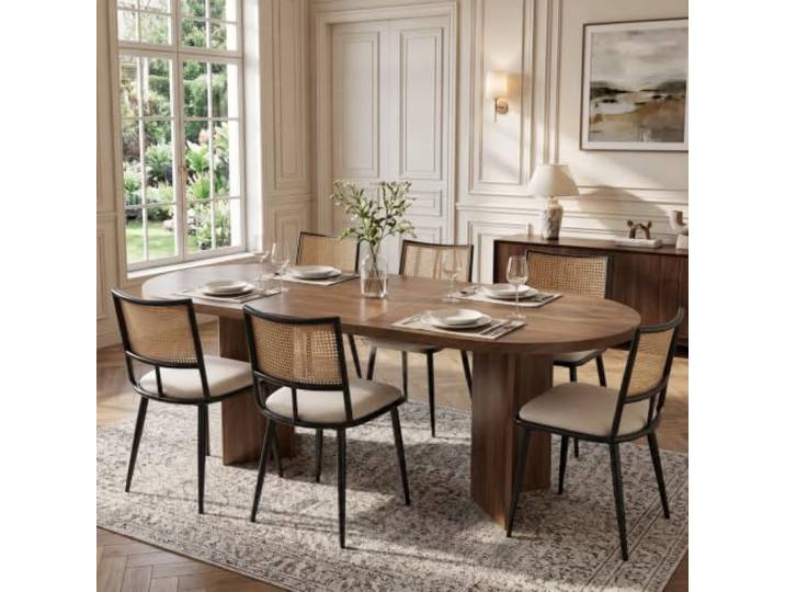 Merax Esszimmerstühle 6er-Set, Küchenstühle mit PU Sitz und Rattan Rückenlehne, Polsterstuhl für Esszimmer, Wohnzimmer und Schlafzimmer, Schwarz