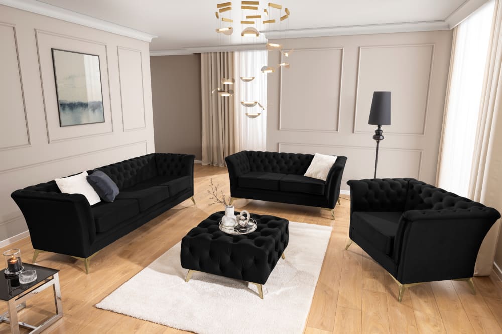 S-Style Ensemble de canapés Chesterfield 2+1 en velours noir Noir 82x78x175cm