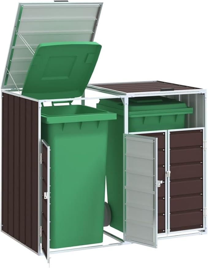 Mülltonnenbox für 2 Tonnen Braun aus Stahl 144x81x113 cm robuste Mülltonnenverkleidung mit Lüftung, Deckelklappmechanismus, wetterfest und erweiterbar für Garten Terrasse Hof draußen
