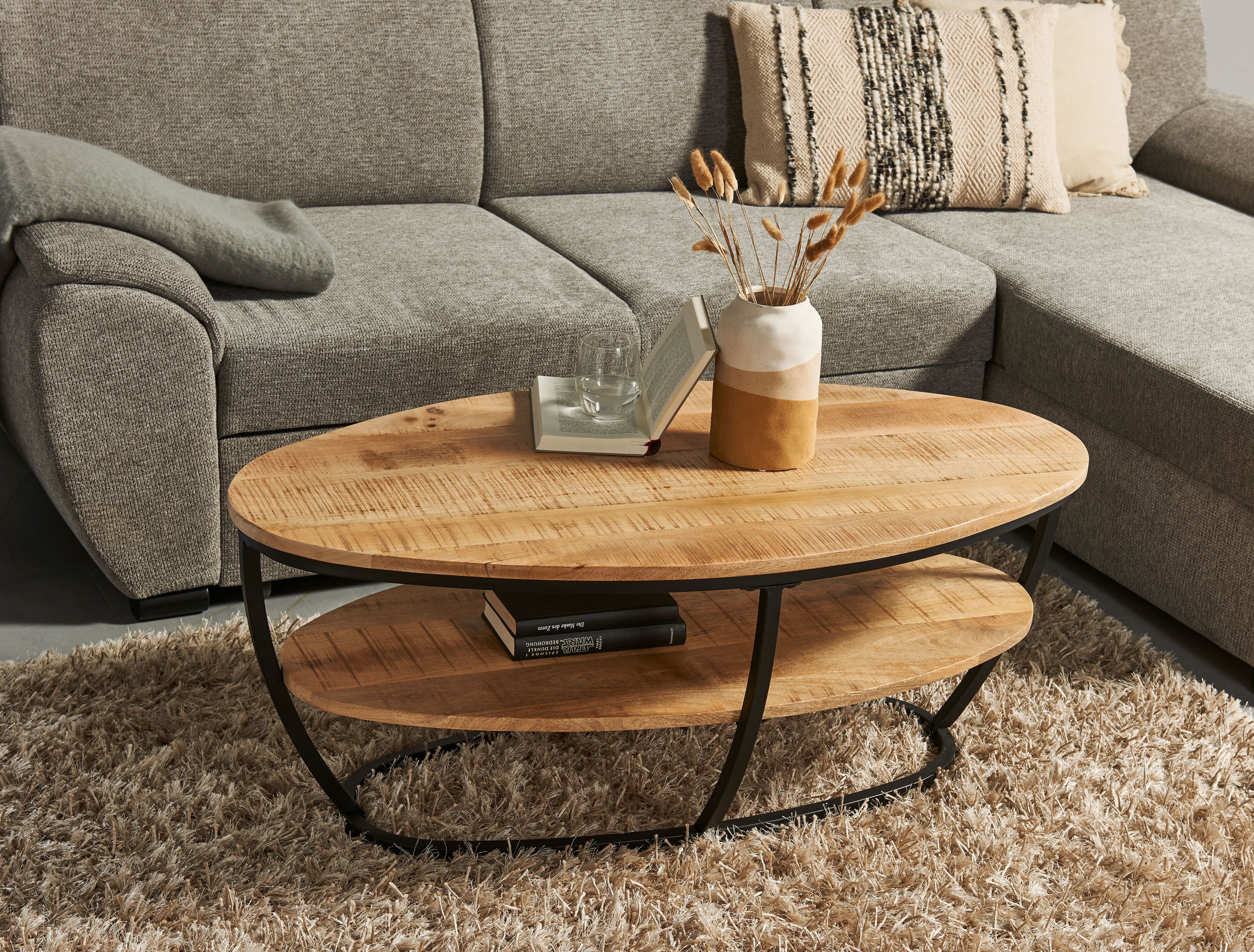 Couchtisch STOLKOM "Jambi 2 B/H/T 110x44x60 cm", braun (mango, schwarz, schwarz, mango), B:110cm H:44cm T:60cm, Tische, Couchtisch, Mangoholz, Oberfläche uneben mango, schwarz, schwarz, mango B/H/T: 110cm x 44cm x 60cm