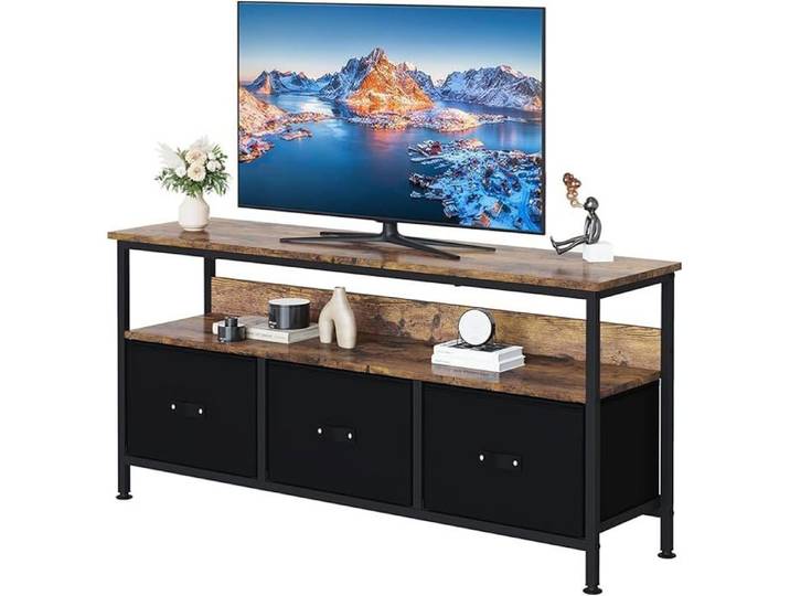 Meuble TV bas 3 tiroirs 1 compartiment aspect chêne marron 120x30x57cm