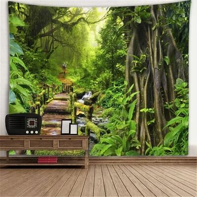 Inspired Finds 3D Window Scenery Tapestry Forest View Wall Hanging Mural Cloth Decor 78.74x59.06in forest