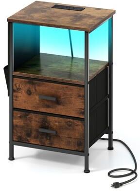 Costway End Table with Charging Station Set of 1 Nightstand with 2 Folding Fabric Drawers