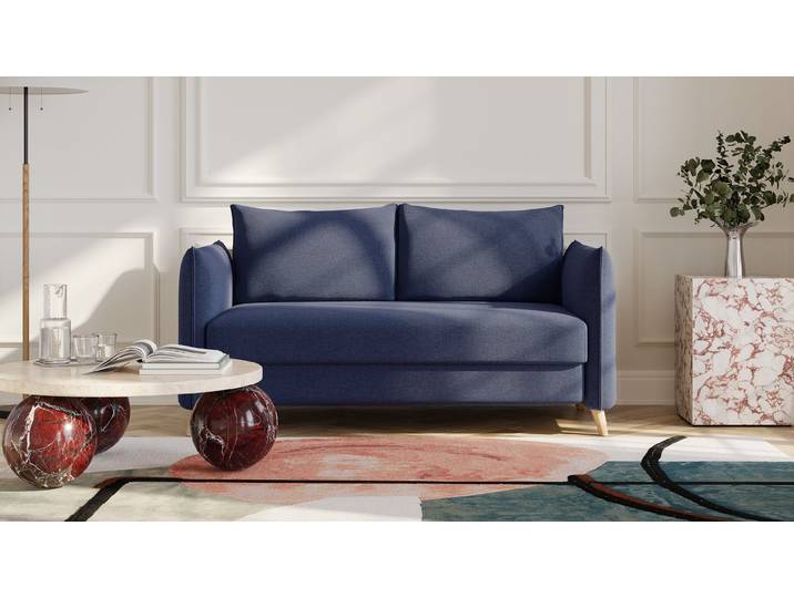 BRUNO Schlafsofa 140cm in Blau Pillow stabiles Massivholz & Boxspringkomfort