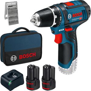Bosch Akku-Bohrschrauber GSR 12V-15 Professional, 12V/2,0Ah, mit 2 Akkus, Ladegerät, Bitset & Tasche