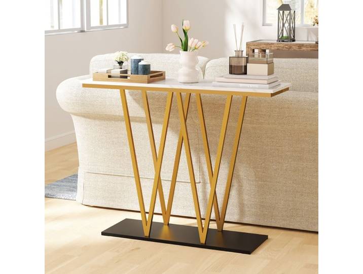 DREAMADE Table Console Étroite Table d'Entrée avec Base Stable Plateau en Marbre Artificiel et Cadre en Métal en Forme de W