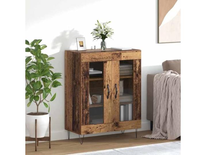 HEFZGDB Klassisches Sideboard Altholz 69,5x34x90 cm mit viel Stauraum und Glasdesign zur Aufbewahrung und Präsentation - Sideboard aus Holzwerkstoff mit Glasfront und Metallfüßen im