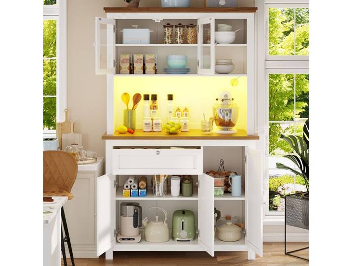 Buffet de cuisine haut vitrine - 104×40×180 cm - Éclairage LED smart (smartphone) - Étagères réglables - Anti-basculement