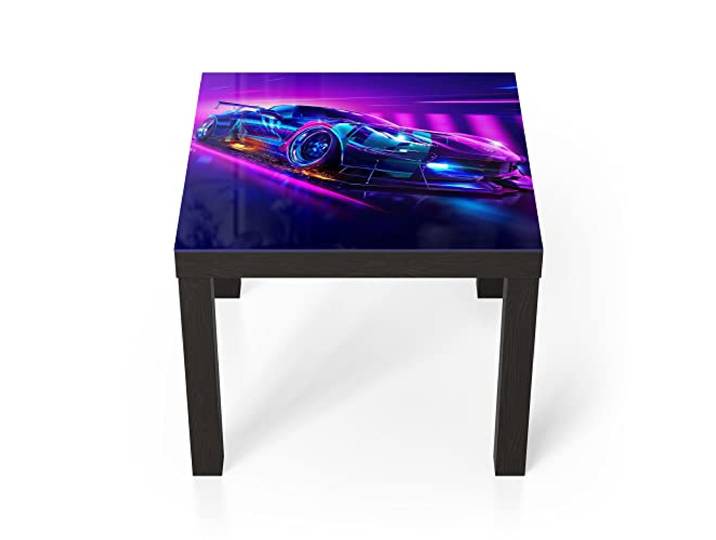 DEQORI Glastisch schwarz klein 55x55 cm Motiv Corvette Verfolgungsjagd ausgefallener Beistelltisch aus Glas Hochglanz Couchtisch fürs Wohnzimmer moderner Couch Tisch mit Design