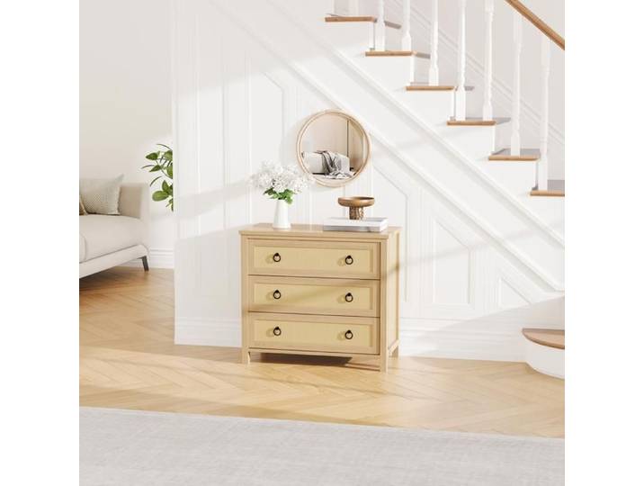 Commode 3 tiroirs rotin bohème Meuble de rangement Table de chevet ou Meuble TV Commode Chambre salon couloir élégant Chêne