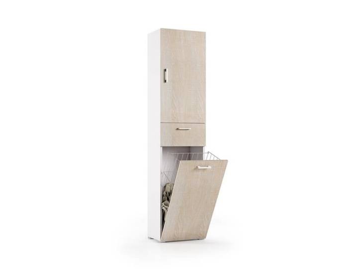 COLONNE POLYVALENTE EN CHÊNE AVEC PANIER À LINGE PEU ENCOMBRANT