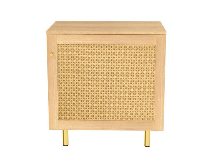 Buffet - HIBA - Rustique - Portes rotin tressé - 60x40x63 cm - Pieds métal doré