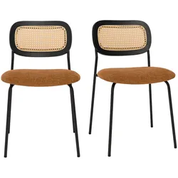 Design-Stühle aus texturiertem Samtstoff in verbrannter Erde, schwarzem Metall und Rattan-Geflecht (2er-Set) MIRANDA