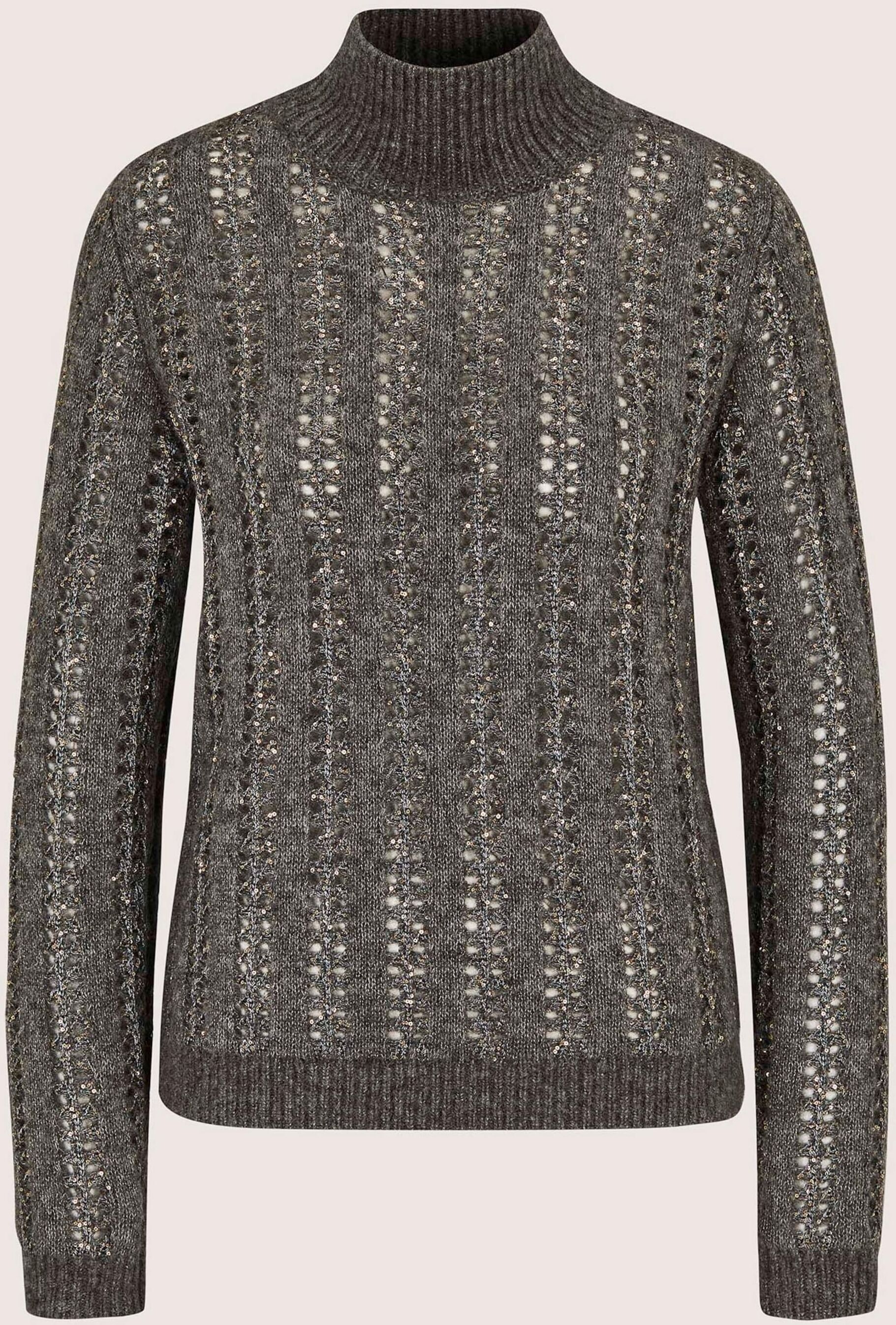 Longpullover MADELEINE "Pullover Glänzender Ajour-Pullover", Damen, Gr. 48, grau (bleigrau, melange, goldfarben), Modern, regular fit, Pullover Longpullover