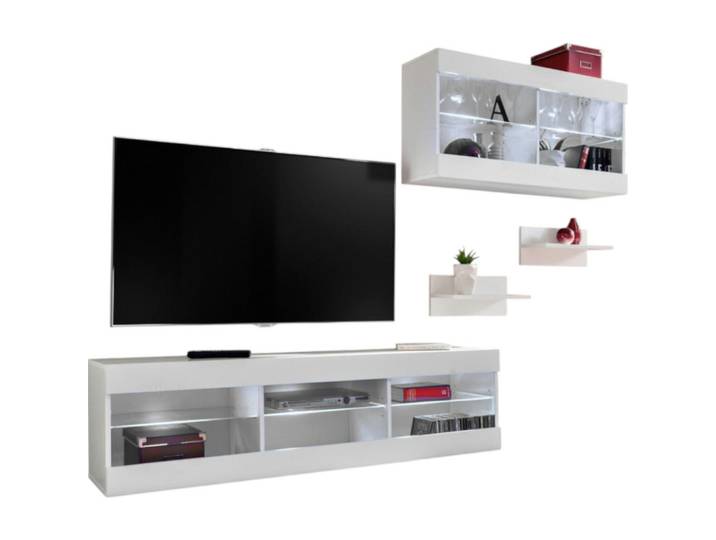 Komodee Wohnwand 4-er Set, Tivoli Set3 Weiß + Weiß, Offener Raum, 5 Fächer, 240x195x35 cm, Wohnzimmer, Wohnwände