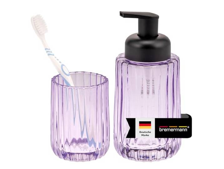 bremermann Badezimmer Zubehör-Set 2tlg. bestehend aus 1x Schaum-Seifenspender mit 300 ml Fassungsvermögen und 1x Zahnputzbecher, Badaccessoires im Retro-Design aus Glas, Lavendel