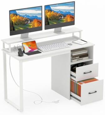 Costway Modern Computer Desk with Power Outlets and File Drawer-White