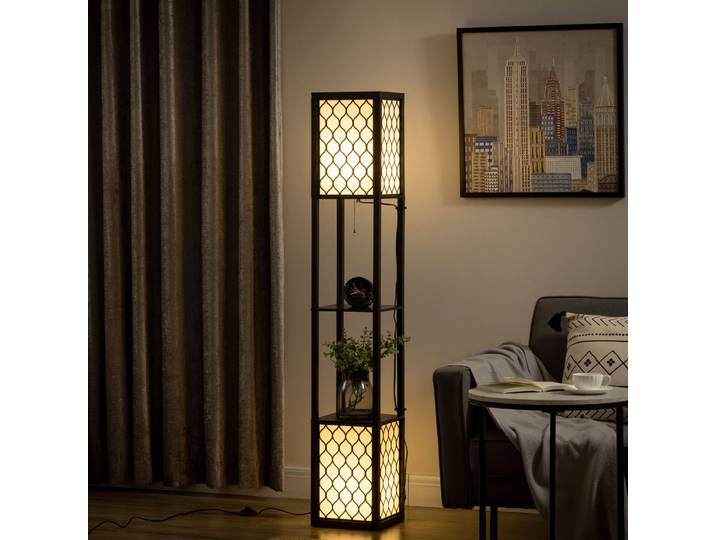 HOMCOM Lampadaire Étagère MDF Noir Nid d'Abeille 156cm