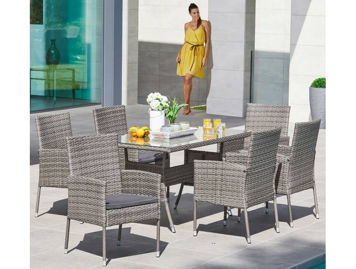 Garten-Essgruppe MERXX Costa Rica , grau, Obermaterial: 100% Polyester. Füllung: 100% Polyurethan, Sitzmöbel-Sets, Garten-Essgruppe, Polyrattan, Tischplatte aus Sicherheitsglas, Unser Dauertiefpreis