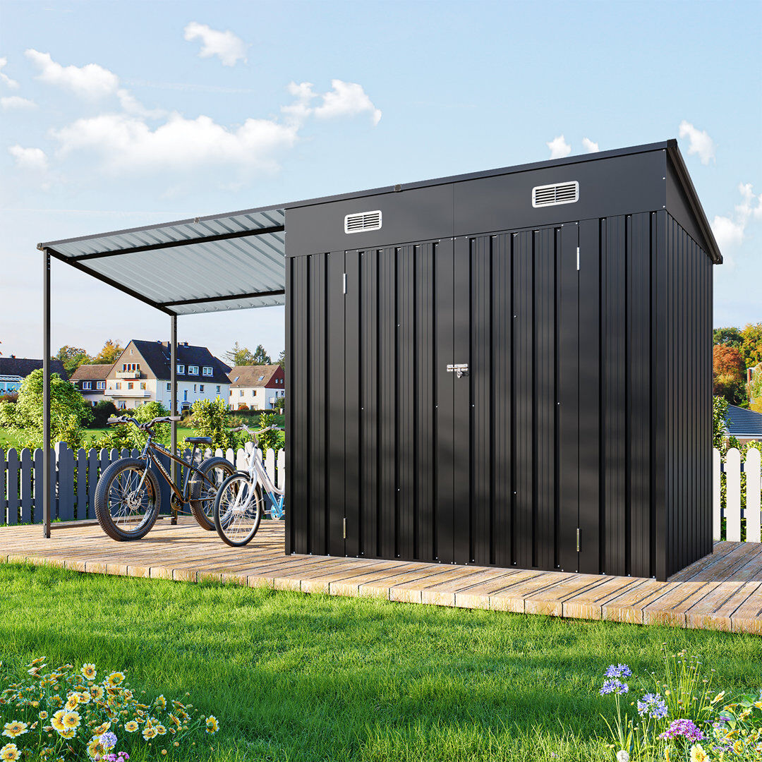 JolyDale 2-in-1 Storage Shed & Gazebo Outdoor Garden Shed & Hardtop Gazebo Combo Black 358cm W X 125cm D X 186cm H