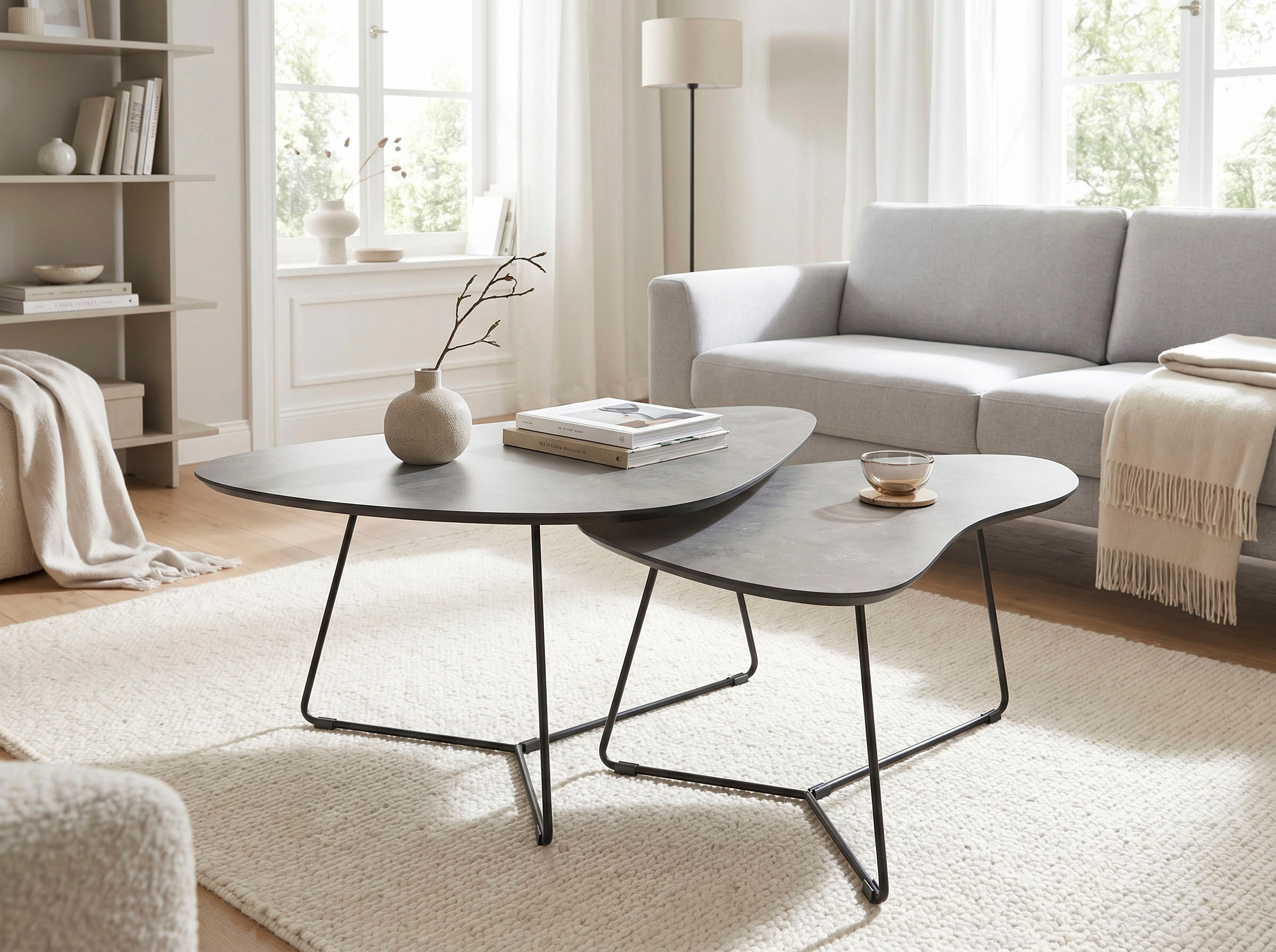 Couchtisch HELA "PISA", grau (betonoptik dunkel, schwarz, schwarz, betonoptik dunkel), B/H/T: 87cm x 43cm x 59cm, Betonoptik dunkel/Schwarz, Tische, Couchtisch, 2er Set, Platten in Nierenform, gefräst, Schweizer Kante betonoptik dunkel, schwarz, schwarz, 