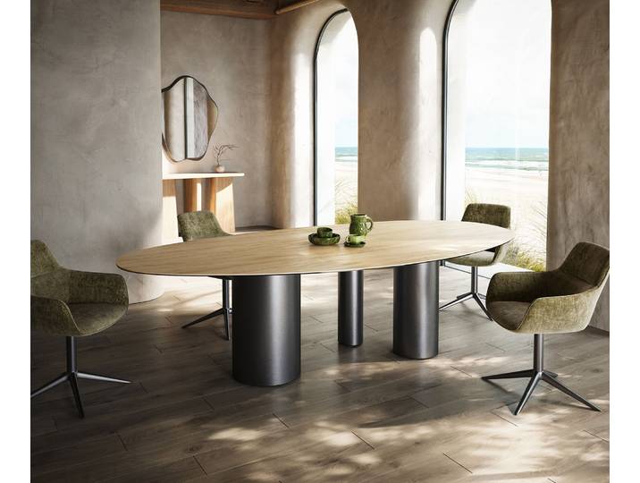 Esstisch Edge Oval 280x130 Keramik Laminam® Sabbia Eichefarbig Troa Edelstahl Graphit, Esstische
