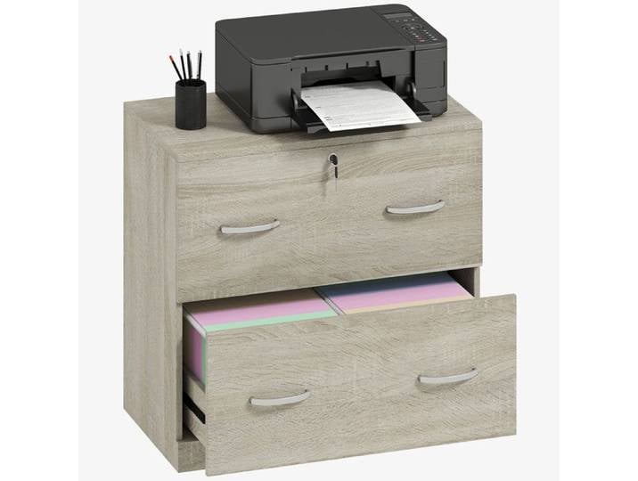 Commode de bureau à 2 tiroirs guides pour classeurs A4 serrure avec 2 clés 77x42x72 cm mélaminé naturel