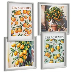BILDER SET 4er Set - 50x50 cm & 40x60 cm Silberner Rahmen - Fruchtige Zitrusmuster