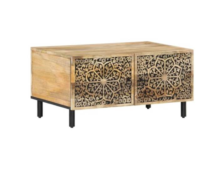 KKgypkn Couchtisch 80x50x40 cm Massivholz Mango Mit Stauraum, Retro-Stil, Handgeschnitztes Blumenmuster, Stabile Eisenbeine