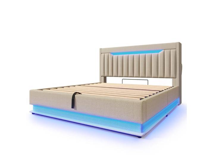 Lit coffre 140x200 avec éclairage led, rangement, port usb, beige