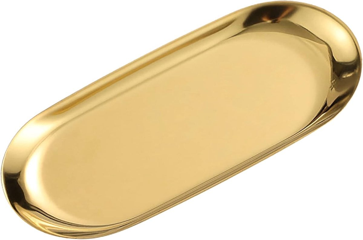 Ovaal roestvrijstalen dienblad in goud, multifunctioneel decoratief dienblad, 23 x 9,7 cm
