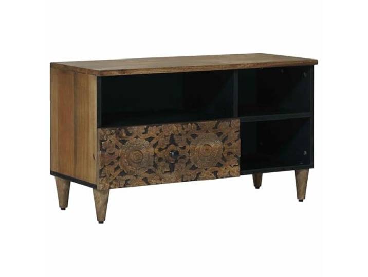 Makastle TV-Schrank Braun aus Massivholz Mango mit Schublade und Regal, 80 x 33,5 x 46 cm
