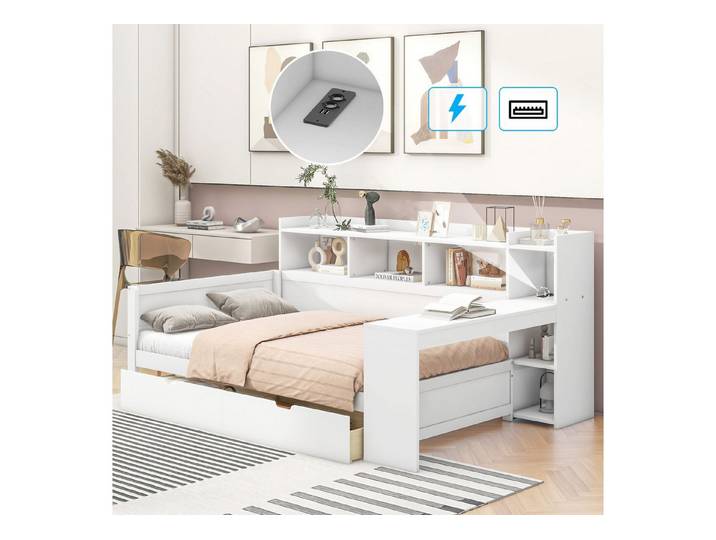 HAUSS SPOLE Schlafsofa 90x200cm mit Nachttischablage, Steckdose und USB, 2 Schubladen, Weiß