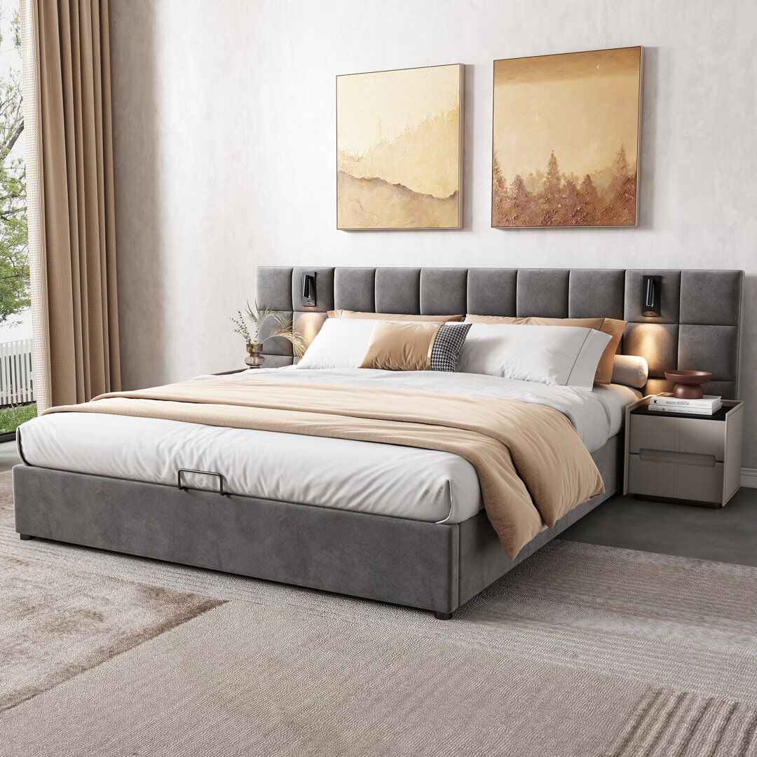 Ivy Bronx Platform Bed Frame With Wide Headboard, Reading Lamp And Usb Port Double (4'6)
