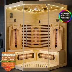 ARTSAUNA® Infrarotkabine Malmö140 Natur - Hemlock Holz, Vollspektrumstrahler mit Dimmer, LED-Farblichttherapie, 3 Personen, 140x140x190 cm, 2530 W
