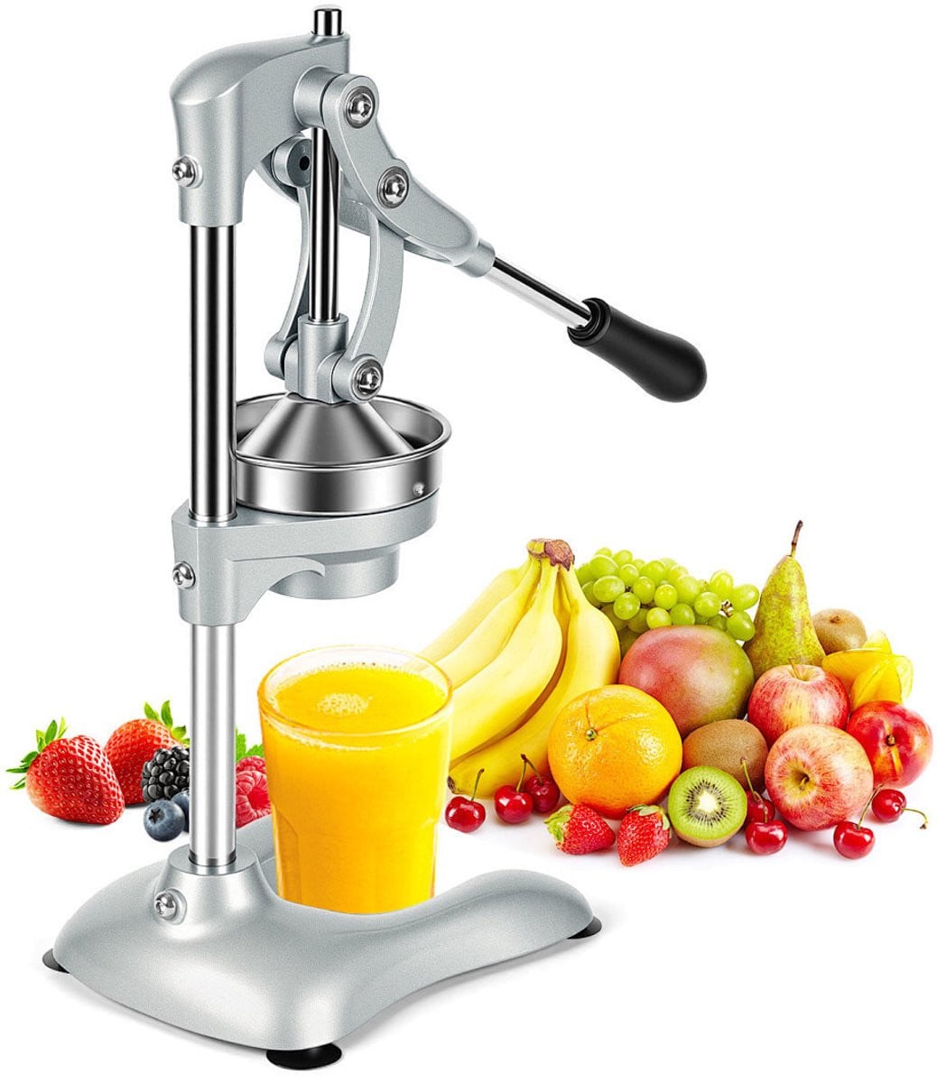 Citruspers met pulpfilter en antislipbasis, zilver en wit