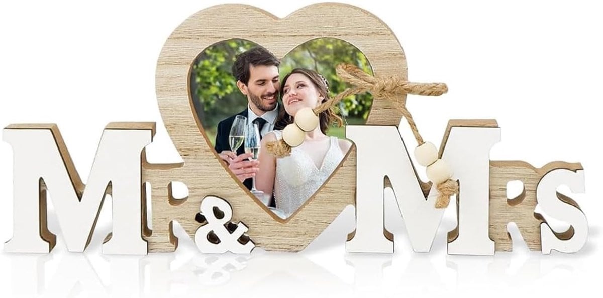 Houten Mr & Mrs Decoratie met Hartvormige Fotolijst voor op Tafel