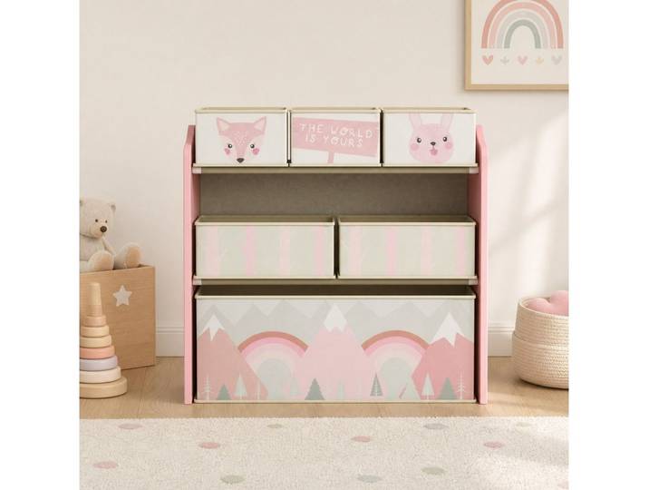 REDOM Kinderregal Kinderschrank mit 6 Stoffboxen Kinderzimmer Aufbewahrung 63x30x66 cm, Aufbewahrungsschrank für Kinderzimmer niedliches Motiv 6 Fächer 1-tlg., Rosa Kinder Kommode mit Stoffboxen für Spielzeug Ordnung
