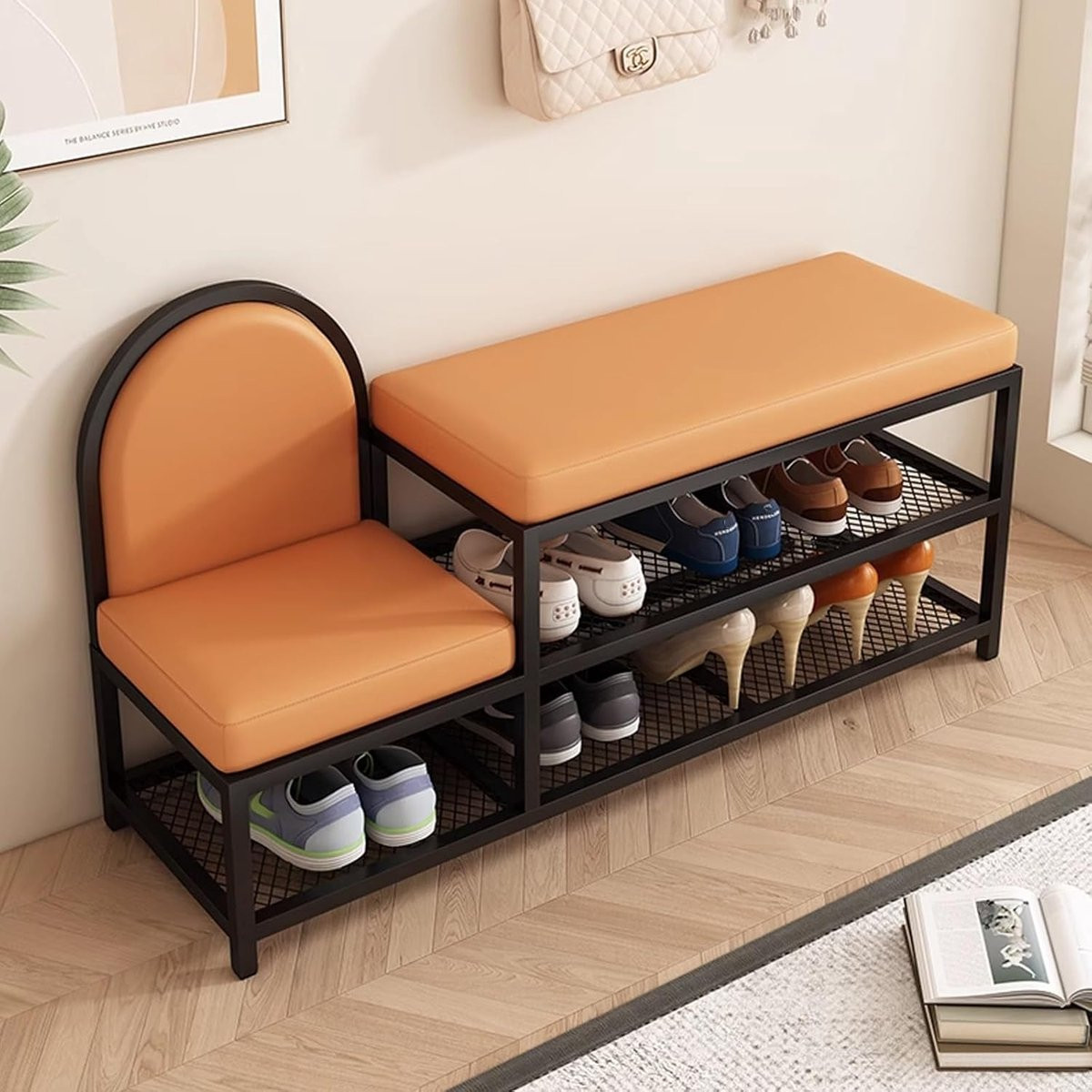 Schoenenbank met opbergruimte en babyzitje, Zwart en Oranje, Breedte: 80 cm