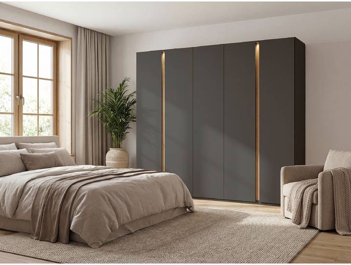 Drehtürenschrank Luana 251cm mit Beleuchtung Grau/Graphit/Eiche Dekor Classic