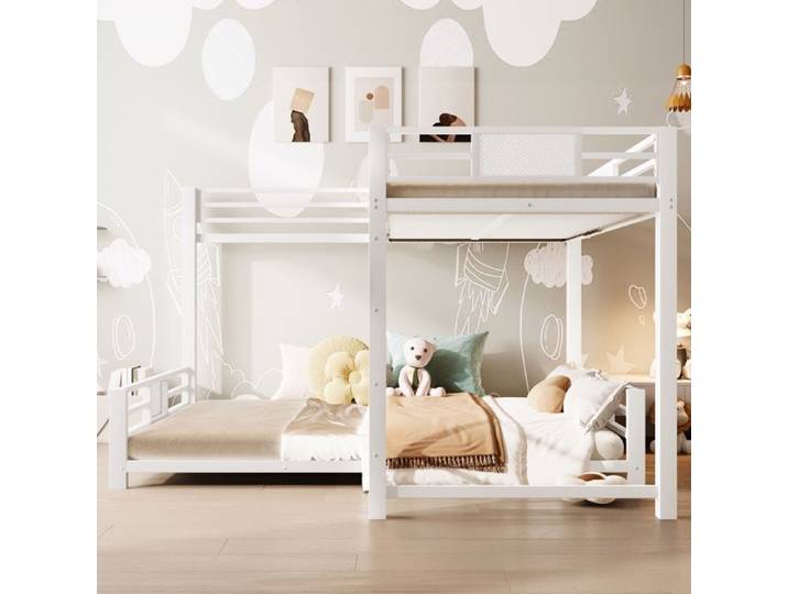 Lit superposé en forme de L lit supérieur 90x200mm lit inférieur 140x200mm lit enfant avec sommier à lattes métal blanc