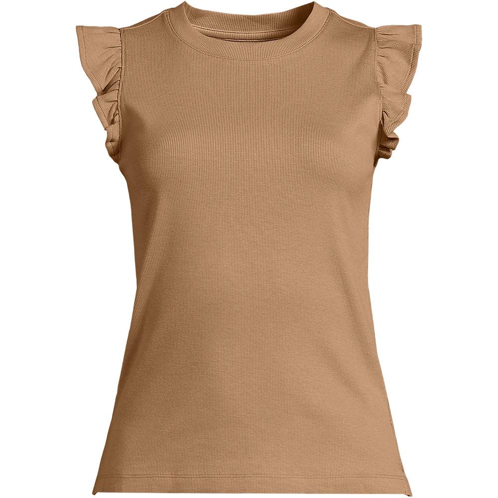 Baumwollripp-Top mit Volants für Damen, Damen, size: regular, Beige, Baumwolle/Elasthan, by Lands' End