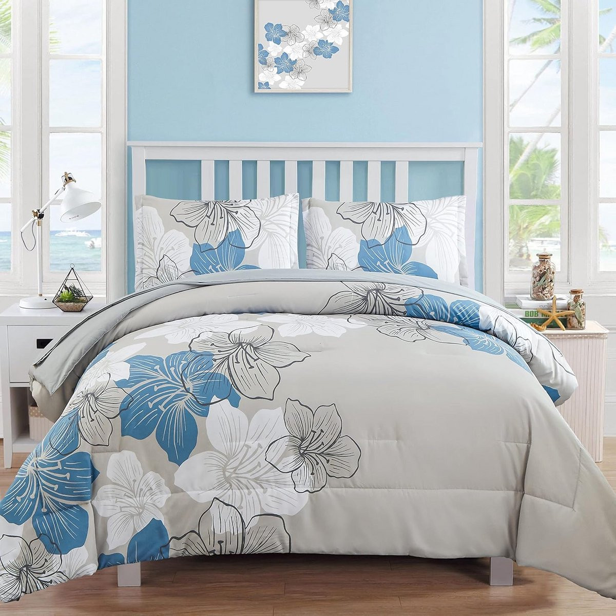 Luxe 7-delige kingsize dekbedset met bloemenprint in het blauw