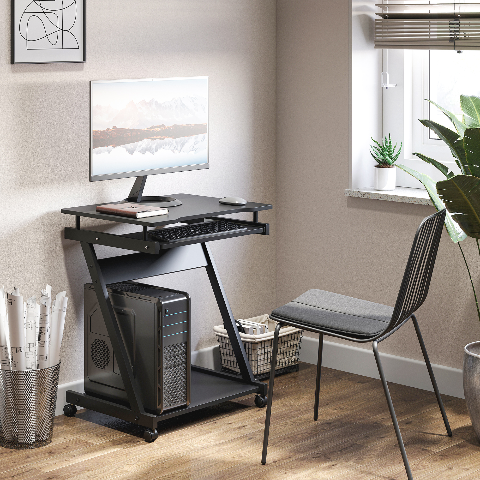 Homcom Tavolo Porta PC Classico e Salvaspazio, Piano Tastiera a Scomparsa, Scrivania Porta PC con 4 Ruote e Ripiano Inferiore Nero 60x48x73cm