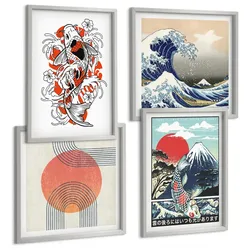 BILDER SET 4er Set - 50x50 cm & 40x60 cm Silberner Rahmen - Illustrationen von Fischbergen, die sich in Japan ausbreiten