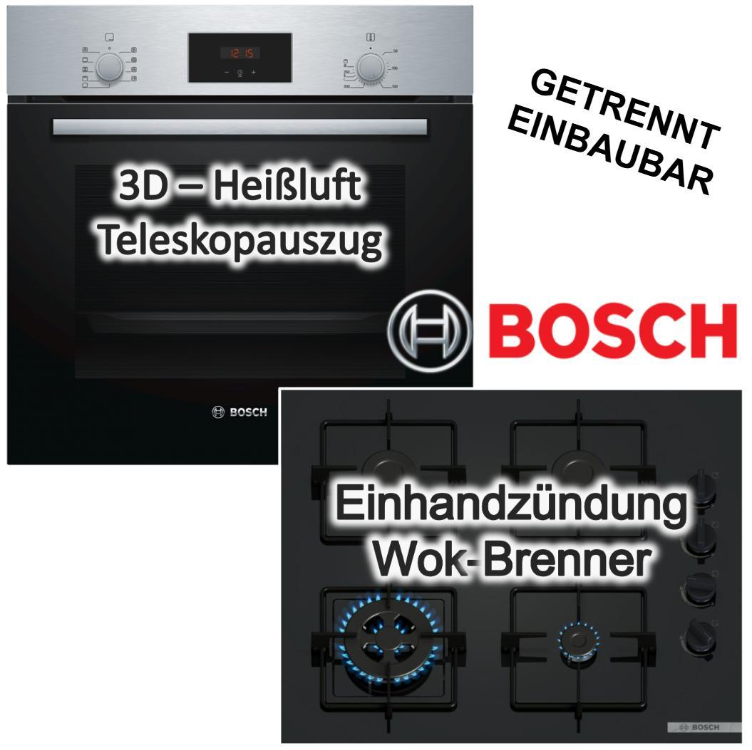 Herdset Bosch Einbaubackofen 3D Heißluft Teleskopauszug Schnellaufheizen Pizzastufe + Gaskochfeld Wokbrenner
