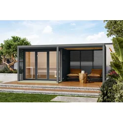 Karibu Saunahaus Ares 3 - Hybridhaus mit Metallrahmen 270 cm Anbaudach - 38 mm naturbelassen Blech-Ausführung: graualuminium Ohne Ofen inkl. gratis Zubehörpaket im Wert von 126,96€