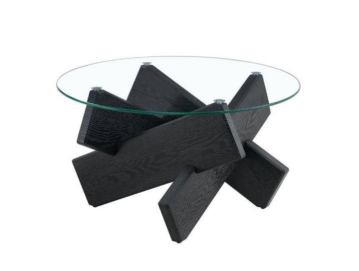 Norevia Table Basse Ronde 79 cm Verre Trempé et MDF Pieds Aspect Bois Noir Table de Salon Moderne